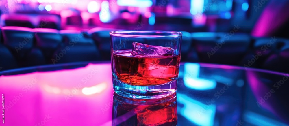 Whiskey glass on a reflective table in a vibrant nightclub with colorful neon lighting atmosphere Whiskey glass on a reflective table in a vibrant nightclub with colorful neon lighting atmosphere
