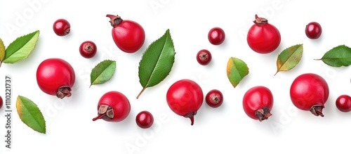 Rosehip flowers and berries arranged artistically with leaves on a clean white background ideal for botanical or health themes.