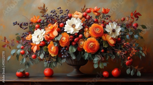 Vibrant autumn floral arrangement with seasonal flowers fruits in a decorative vase showcasing rich fall colors and natural beauty. photo