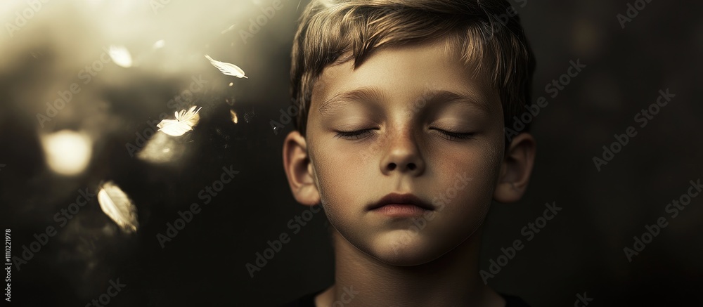 Serene portrait of a young boy with closed eyes surrounded by soft light and ethereal floating petals evoking a sense of tranquility and innocence. Serene portrait of a young boy with closed eyes surrounded by soft light and ethereal floating petals evoking a sense of tranquility and innocence.