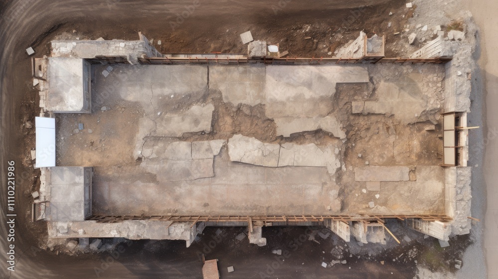 Aerial view of demolished warehouse foundation showcasing concrete remnants on railway site in urban landscape Aerial view of demolished warehouse foundation showcasing concrete remnants on railway site in urban landscape