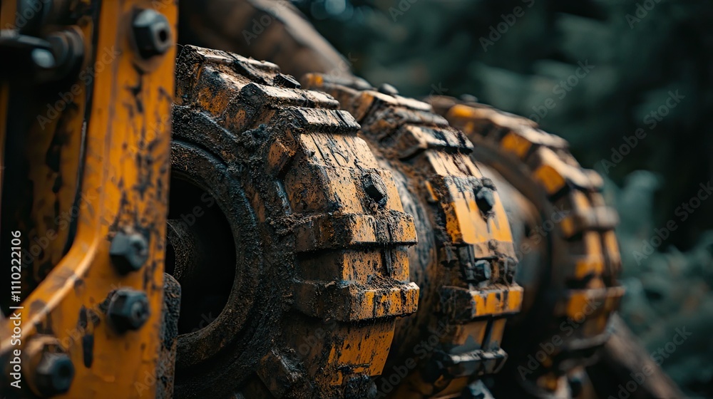 A close-up of machinery gripping and cutting tree trunks, with a forest landscape blurred in the background A close-up of machinery gripping and cutting tree trunks, with a forest landscape blurred in the background