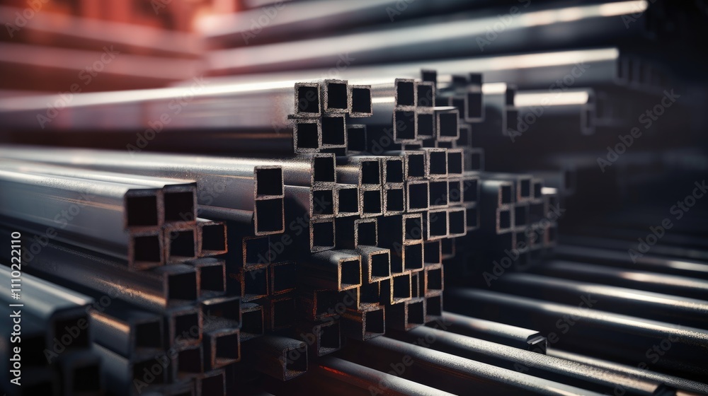 Close up of stacked wet steel pipes with rectangular cross section showcasing industrial metal products in a selective focus setting Close up of stacked wet steel pipes with rectangular cross section showcasing industrial metal products in a selective focus setting