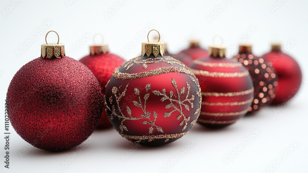 Red Christmas ornaments in various textures and designs arranged on a white background for festive holiday decor and celebration imagery. Red Christmas ornaments in various textures and designs arranged on a white background for festive holiday decor and celebration imagery.