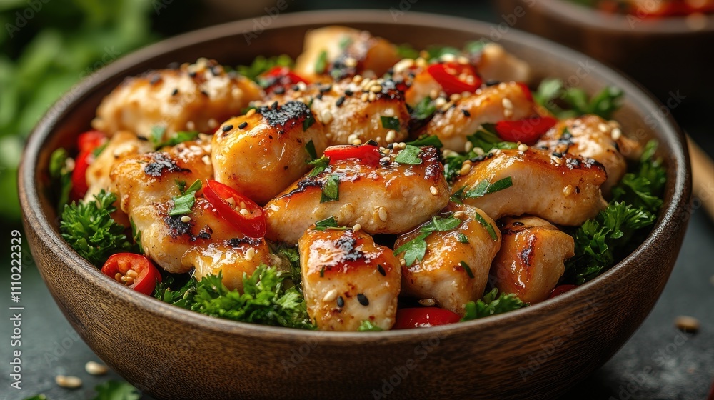 Savory steamed chicken dish garnished with fresh herbs and chili in a rustic wooden bowl for a delicious culinary presentation. Savory steamed chicken dish garnished with fresh herbs and chili in a rustic wooden bowl for a delicious culinary presentation.