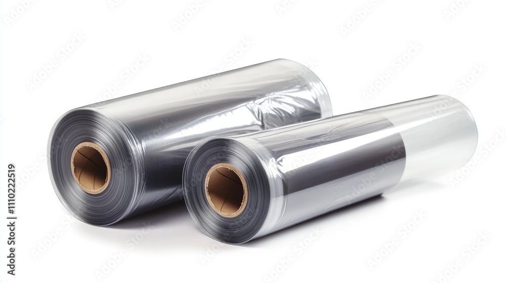 Transparent stretch film rolls for food packaging isolated on a clean white background showcasing versatility and storage solutions. Transparent stretch film rolls for food packaging isolated on a clean white background showcasing versatility and storage solutions.