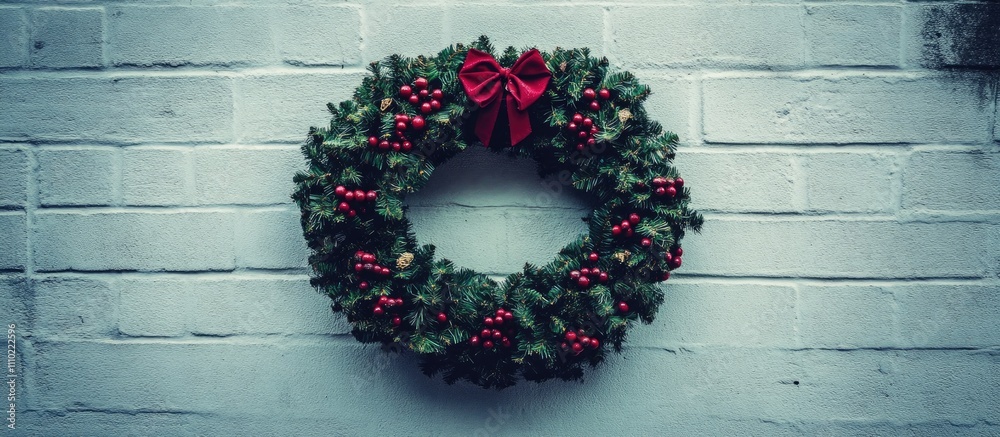 Natural Christmas wreath adorned with red bows and berries against a rustic white brick wall for a festive holiday decor aesthetic. Natural Christmas wreath adorned with red bows and berries against a rustic white brick wall for a festive holiday decor aesthetic.