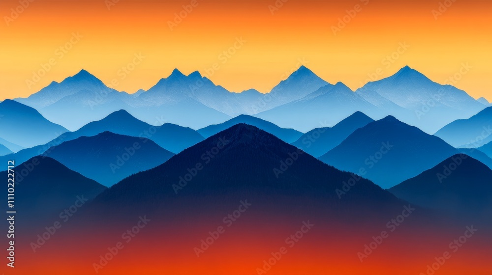 Mountains in the Sunset: A breathtaking vista of majestic mountain ranges, silhouetted against a vibrant sky painted with fiery hues of orange, red, and blue. Mountains in the Sunset: A breathtaking vista of majestic mountain ranges, silhouetted against a vibrant sky painted with fiery hues of orange, red, and blue.