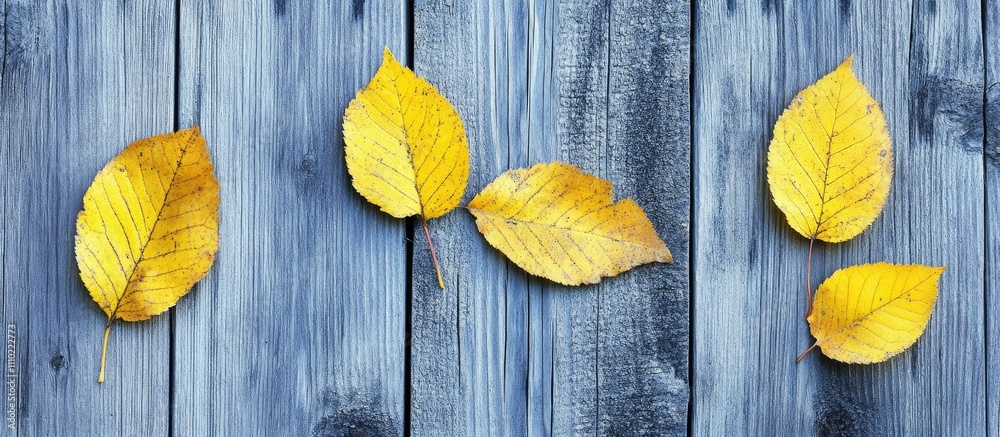 Autumn yellow leaves arranged on a rustic wooden background highlighting seasonal beauty and natural textures Autumn yellow leaves arranged on a rustic wooden background highlighting seasonal beauty and natural textures