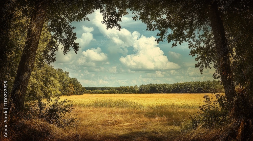Serene countryside landscape with golden fields framed by trees under a dramatic sky showcasing fluffy clouds and vibrant natural beauty. Serene countryside landscape with golden fields framed by trees under a dramatic sky showcasing fluffy clouds and vibrant natural beauty.
