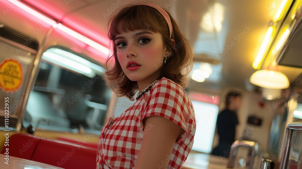 A woman in a red and white checkered shirt sits in a diner A woman in a red and white checkered shirt sits in a diner