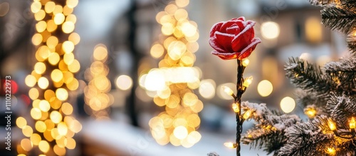 Illuminated red rose with snowy details against blurred festive lights in a winter night setting photo