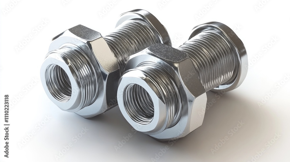 Stainless steel metric bolts and nuts industrial machined components isolated on a white background for engineering and manufacturing purposes