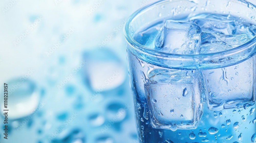 A cold drink with ice cubes floating inside, condensation and water droplets forming on the glass rim A cold drink with ice cubes floating inside, condensation and water droplets forming on the glass rim