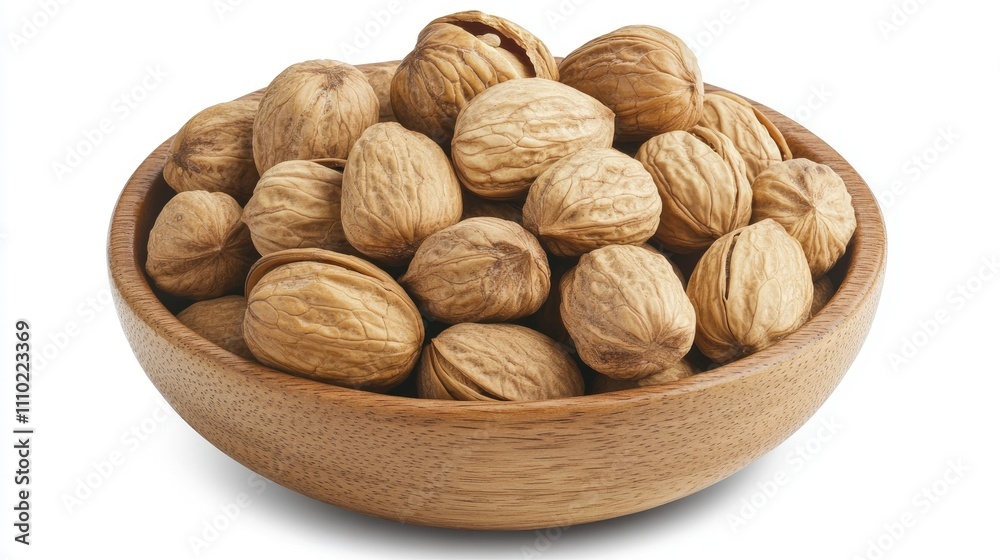 Walnuts in their shells arranged in a round wooden bowl, viewed from above against a bright white background, food, healthy snacks, natural textures, organic products. Walnuts in their shells arranged in a round wooden bowl, viewed from above against a bright white background, food, healthy snacks, natural textures, organic products.