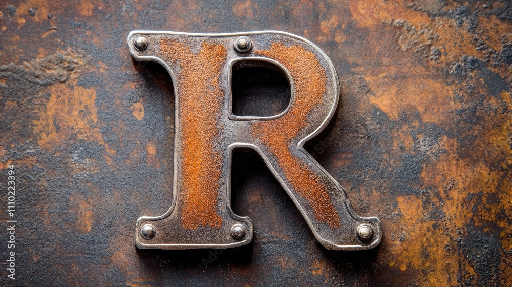 Steampunk metal alphabet letter R with rust texture on aged background in vintage style artistry Steampunk metal alphabet letter R with rust texture on aged background in vintage style artistry
