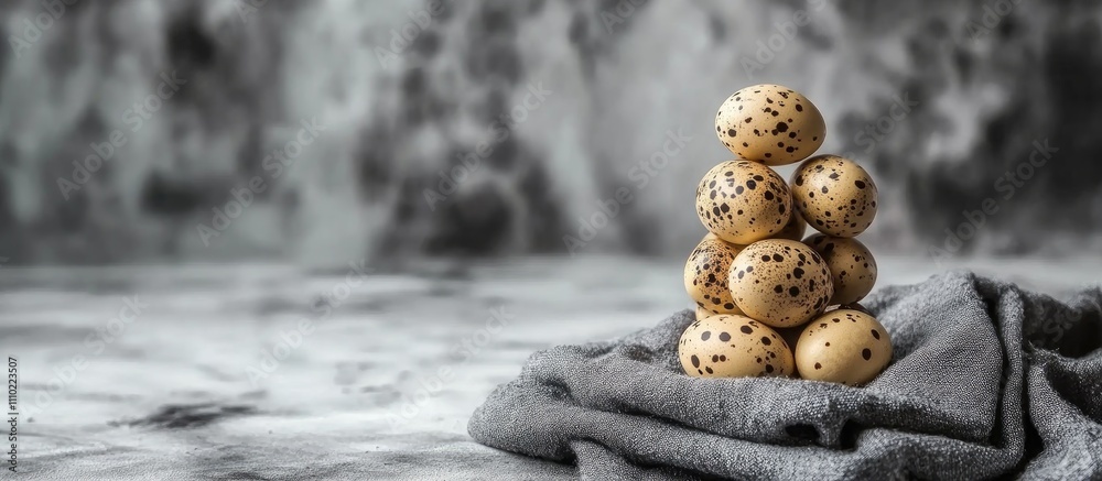 Stack of quail eggs on gray fabric with a textured concrete background showcasing natural beauty and culinary potential Stack of quail eggs on gray fabric with a textured concrete background showcasing natural beauty and culinary potential