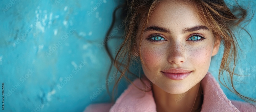 Smiling young woman with striking blue eyes wearing a pink coat against a vibrant blue background portrait photography Smiling young woman with striking blue eyes wearing a pink coat against a vibrant blue background portrait photography