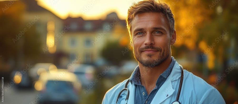 young male doctor in casual attire smiling confidently outdoors during sunset young male doctor in casual attire smiling confidently outdoors during sunset