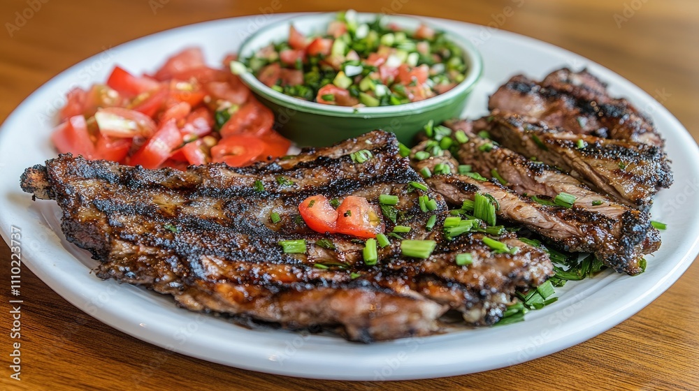 Grilled ribs served on a white plate with fresh tomatoes, chives, and red hot peppers on a rustic wooden table setting. Grilled ribs served on a white plate with fresh tomatoes, chives, and red hot peppers on a rustic wooden table setting.