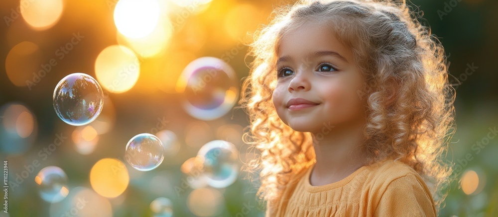 Joyful girl with curly hair blowing bubbles in a sunlit green garden during a vibrant summer day Joyful girl with curly hair blowing bubbles in a sunlit green garden during a vibrant summer day