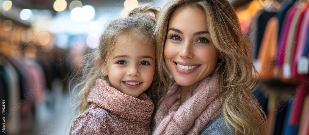 Happy mother and daughter enjoying a fun shopping trip together in a clothing store, smiles and quality time captured in vibrant atmosphere Happy mother and daughter enjoying a fun shopping trip together in a clothing store, smiles and quality time captured in vibrant atmosphere