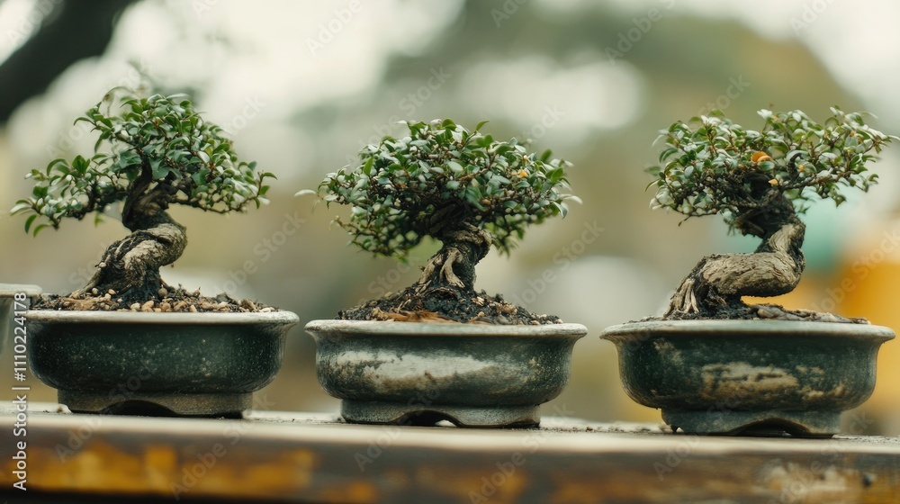 Bonsai trees in decorative pots displaying artistry in a serene Asian home garden setting Bonsai trees in decorative pots displaying artistry in a serene Asian home garden setting