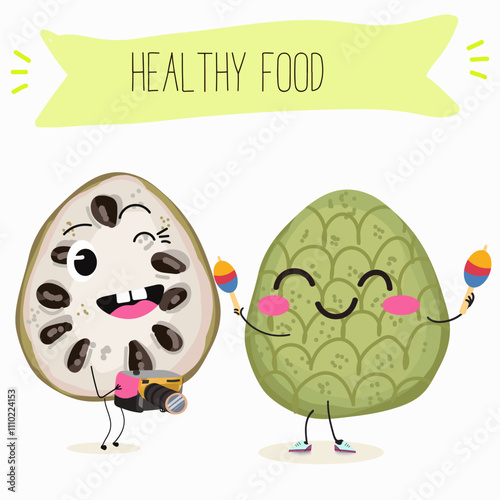 Cherimoya fruit cute funny cheerful characters with different poses and activities. Natural vitamin antioxidant detox food collection. Vector hand drawn illistration.