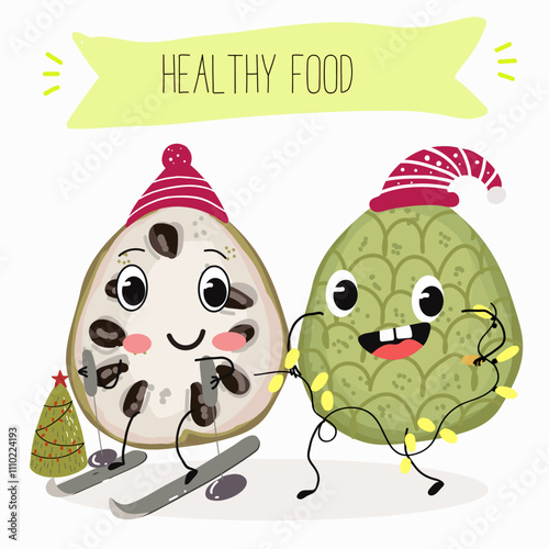 Cherimoya fruit cute funny cheerful characters with different poses and activities. Natural vitamin antioxidant detox food collection. Vector hand drawn illistration.