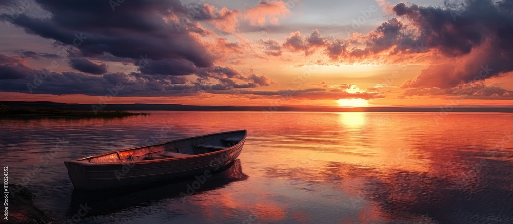 Serene sunset over calm waters with a solitary boat reflecting vibrant colors in the sky near the shoreline. Serene sunset over calm waters with a solitary boat reflecting vibrant colors in the sky near the shoreline.