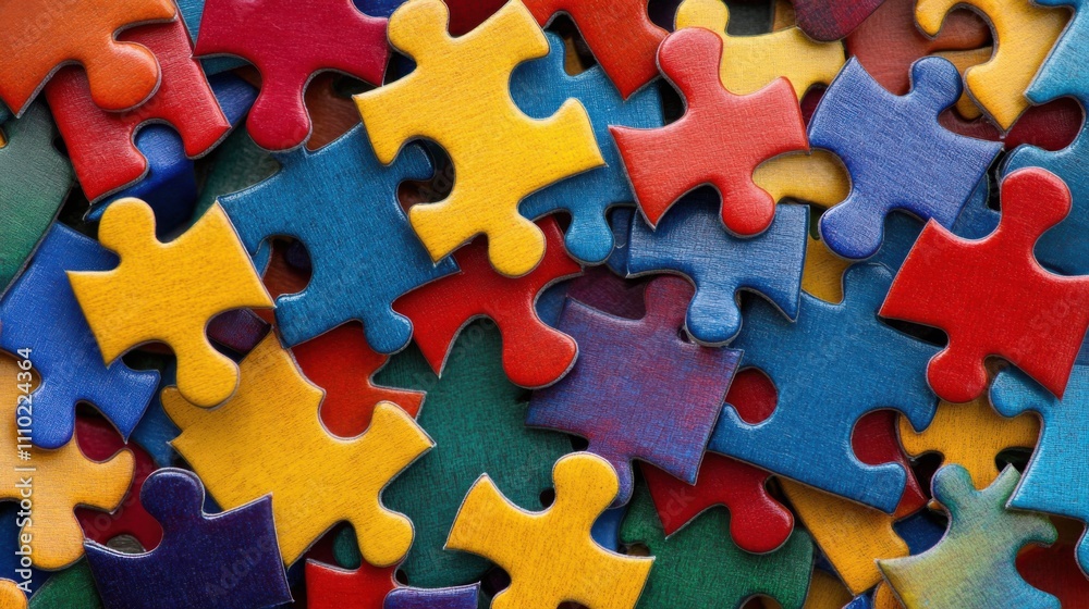 An abstract design featuring interlocking puzzle pieces in different colors and textures, each representing various aspects of identity and experiences, symbolizing integration and unity