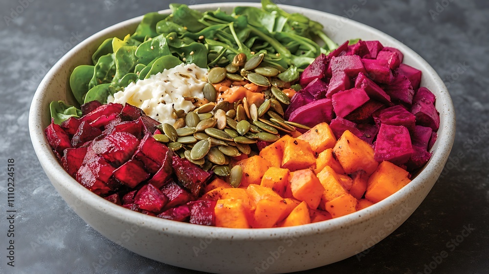 A vibrant plant-based salad bowl with an assortment of fresh ingredients including spinach, roasted beets, and pumpkin seeds A vibrant plant-based salad bowl with an assortment of fresh ingredients including spinach, roasted beets, and pumpkin seeds