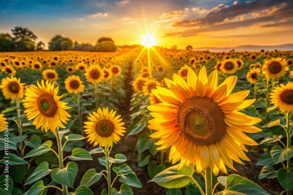 Fototapeta premium Captivating Asymmetrical Field of Blooming Sunflowers Bathed in Warm Sunshine with a Low Light Photography Effect for Stunning Visual Appeal
