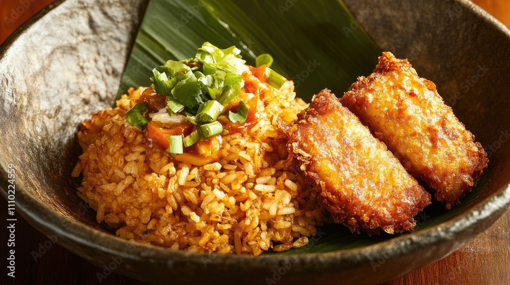 Fried rice with crispy gourami fish served in a bowl showcasing vibrant Asian culinary traditions Fried rice with crispy gourami fish served in a bowl showcasing vibrant Asian culinary traditions