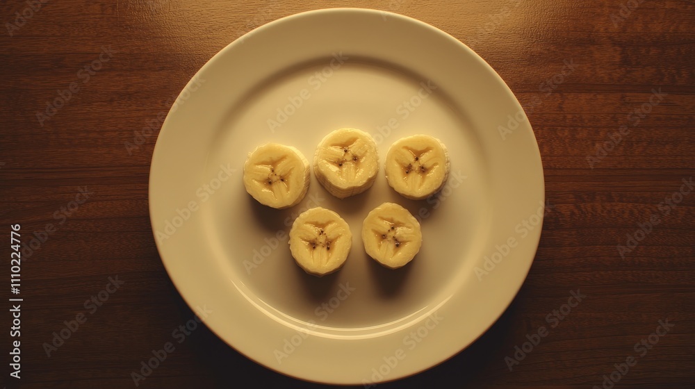 sliced bananas arranged on a white plate placed on a rustic wooden surface creating a fresh and appetizing presentation sliced bananas arranged on a white plate placed on a rustic wooden surface creating a fresh and appetizing presentation