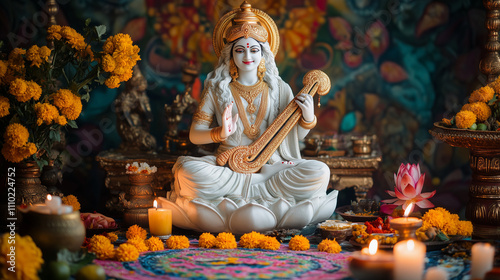 Vasant Panchami, graceful statue of Goddess Saraswati seated on a large lotus flower, Ai generated images photo