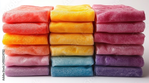 Colorful stack of laundry detergent sheets arranged neatly on a white background for cleaning and household product advertisements photo