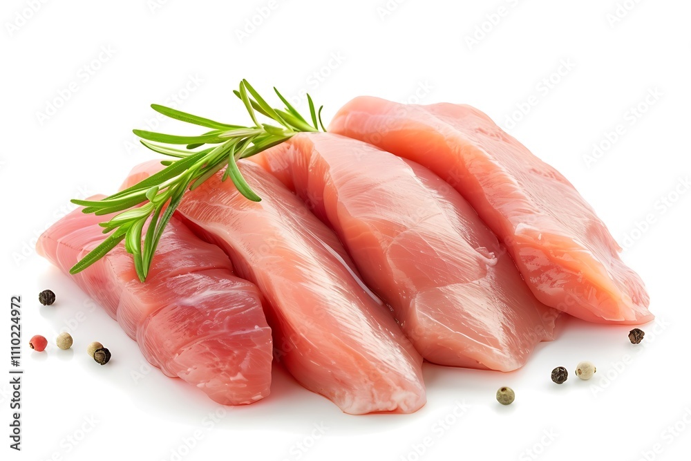 Raw chicken breast with spices and rosemary isolated on white background.
