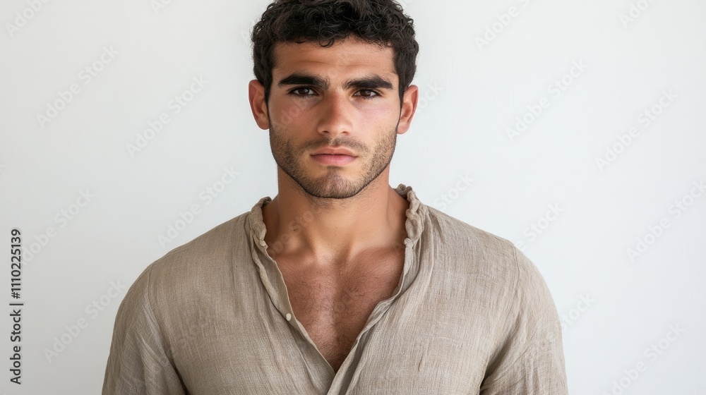 Obraz premium Confident young man in casual shirt posing against plain white background showcasing modern fashion and personal style
