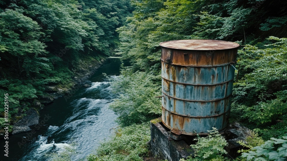 Fototapeta premium Rustic Water Tower Surrounded by Verdant Forest Overlooking Calm River Waters in a Serene Natural Setting