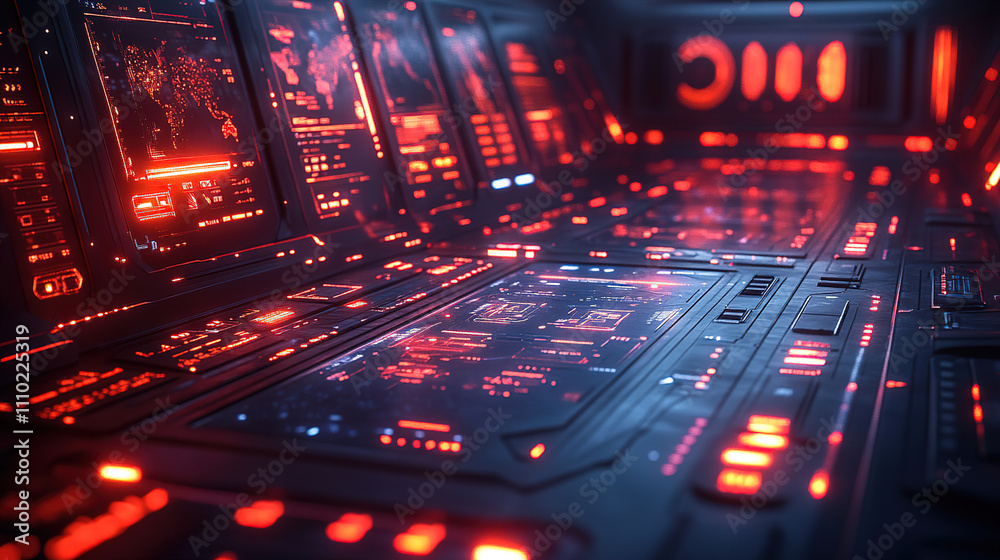 Futuristic control room with glowing screens and advanced technology at night. Generative AI Futuristic control room with glowing screens and advanced technology at night. Generative AI