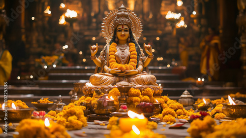 Vasant Panchami festival with focus on the offering altar in a Hindu temple, the elegant statue of Goddess Saraswati is surrounded by offerings of marigold flowers, Ai generated images photo