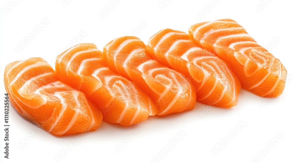 Freshly sliced traditional salmon sashimi arranged neatly on a white background showcasing vibrant colors and delicate textures of Japanese cuisine. Freshly sliced traditional salmon sashimi arranged neatly on a white background showcasing vibrant colors and delicate textures of Japanese cuisine.