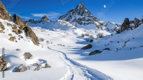 Snow-covered mountains under a clear blue sky with a bright white moon creating a serene winter landscape outdoors.