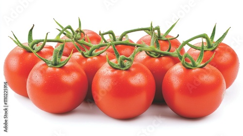 Fresh red tomatoes on green vine arranged against a clean white background perfect for food advertising or culinary themes. photo