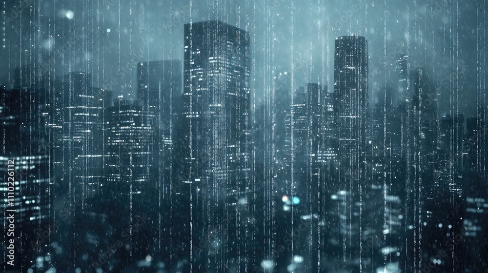 Obraz premium Urban night skyline with digital connections overlaid and rain, showcasing a smart city concept and a bustling metropolis atmosphere.