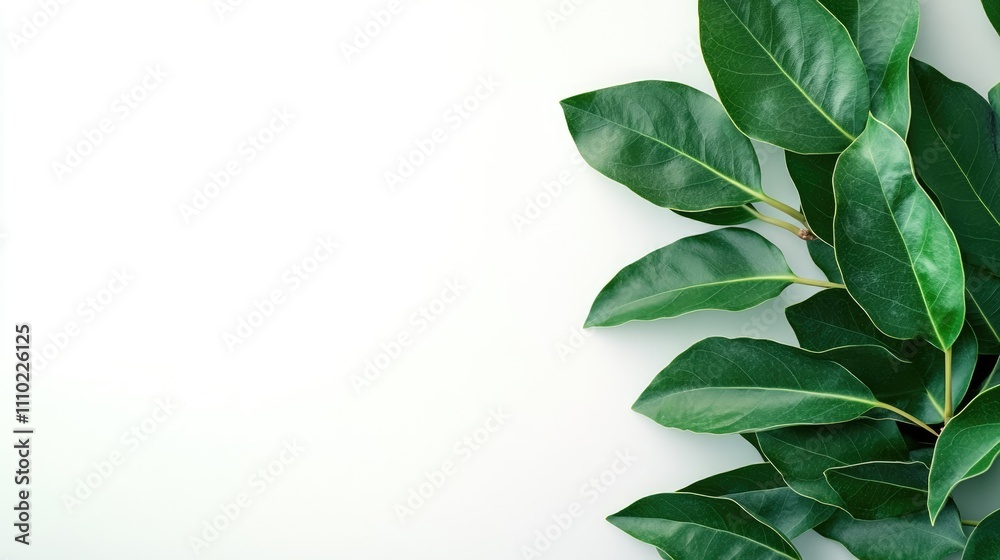 Fresh green laurel bay leaves arranged aesthetically on a white background showcasing their vibrant colors and smooth texture. Fresh green laurel bay leaves arranged aesthetically on a white background showcasing their vibrant colors and smooth texture.