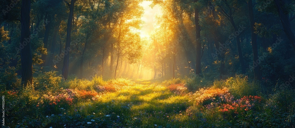 Morning sunlight illuminating a tranquil forest path adorned with vibrant wildflowers and lush greenery in a serene natural setting Morning sunlight illuminating a tranquil forest path adorned with vibrant wildflowers and lush greenery in a serene natural setting