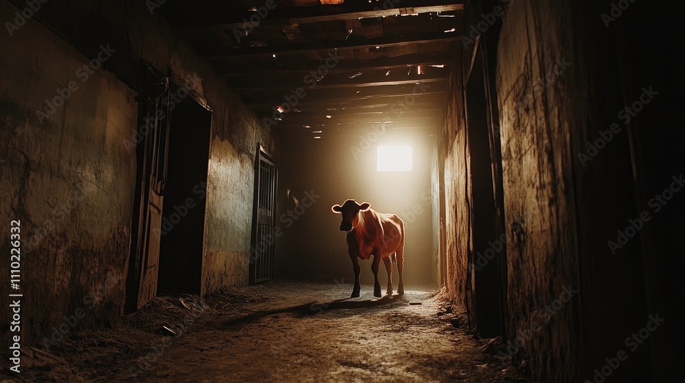 Cow standing in a rustic stable illuminated by soft light creating a serene farm atmosphere Cow standing in a rustic stable illuminated by soft light creating a serene farm atmosphere
