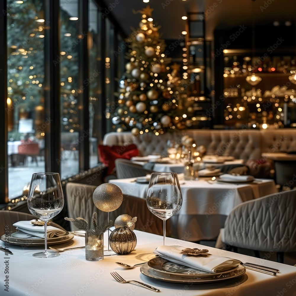 Evening restaurant in modern style with Christmas decorations, Christmas tree. Evening restaurant in modern style with Christmas decorations, Christmas tree.
